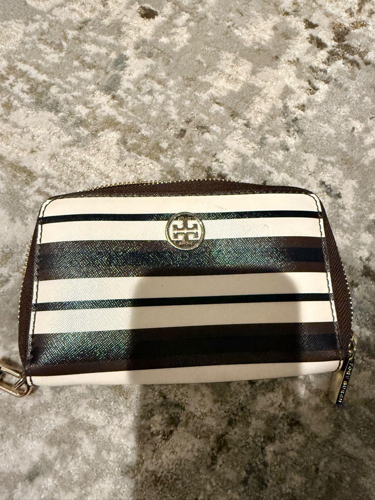 Tory Burch Brown And White Striped Zip Wallet With Logo